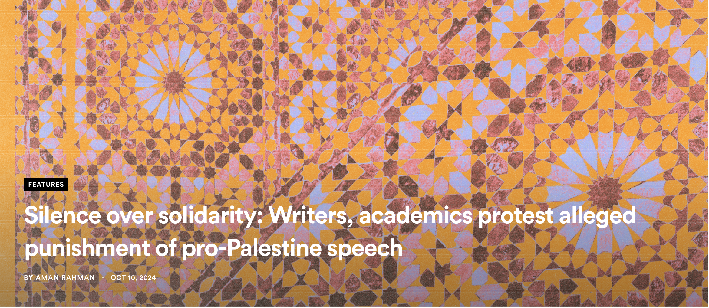 Article graphic with headline "silence over solidarity: writers, academics protest alleged punishment of pro-Palestine speech