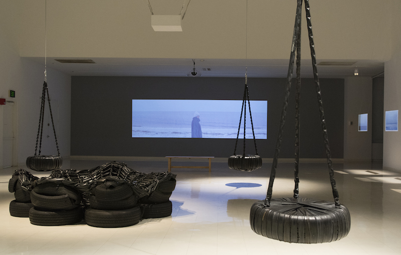 MFA Thesis Exhibition 2015. Video by Fiona Cashell, sculpture by Nicole Hixon. Photo by Maggie Cai.