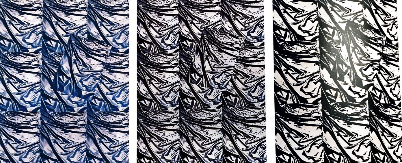 Marga Clark, “Blue Nature Tripyick/Naturaleza Azul Triptico”, 1985. Cibachrome photograph, Color xerox, kodalith